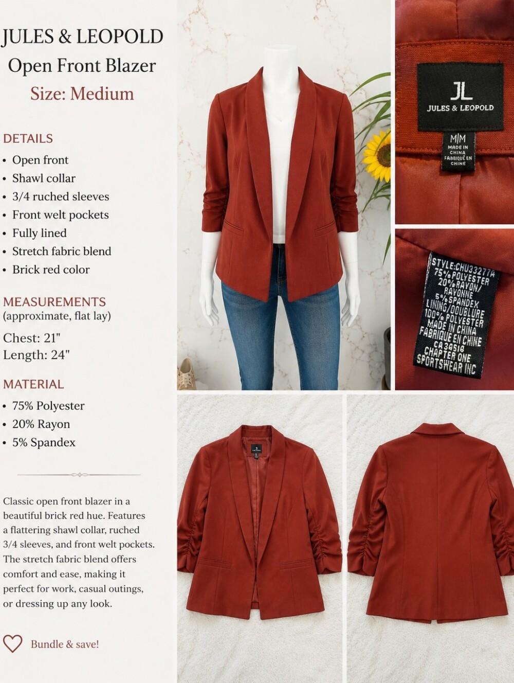 Jules & Leopold Brick Red Open Front Blazer Jacket Medium